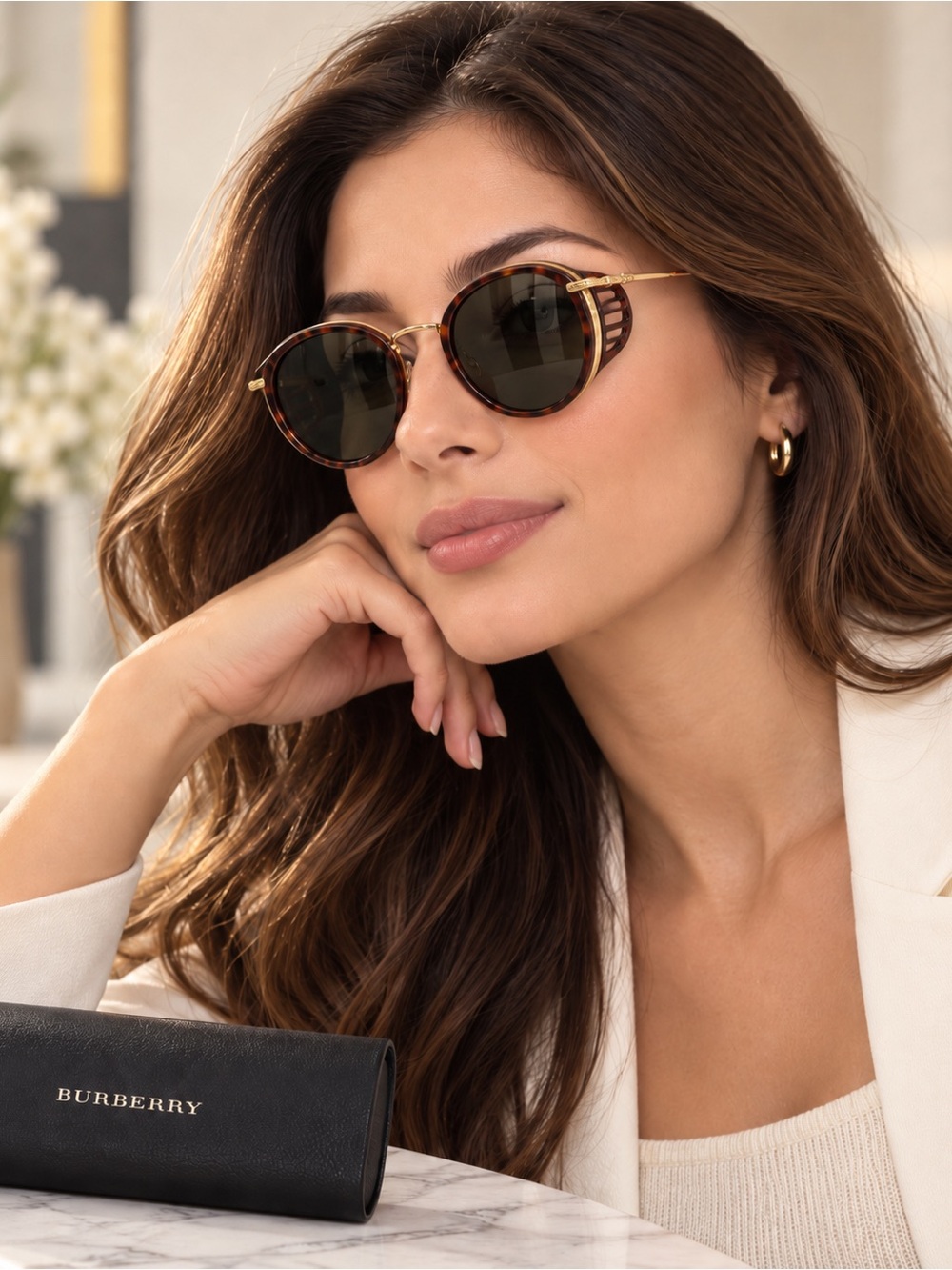 Burberry Tortoiseshell Round Sunglasses with Gold Accents - Brown Lenses